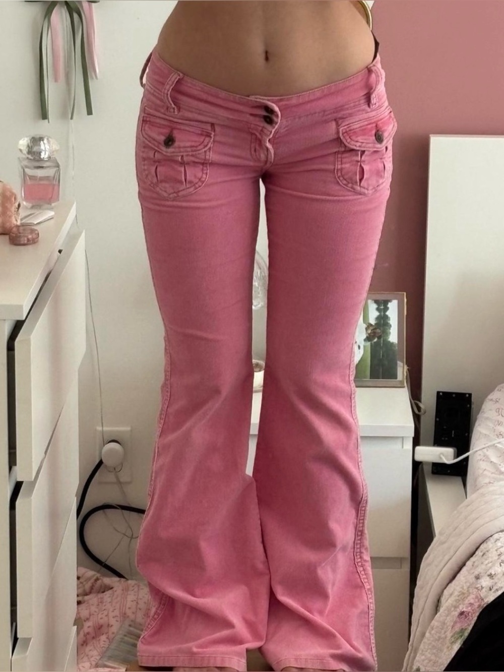 Y2k bratz pink corduroy flare low rise jeans pants